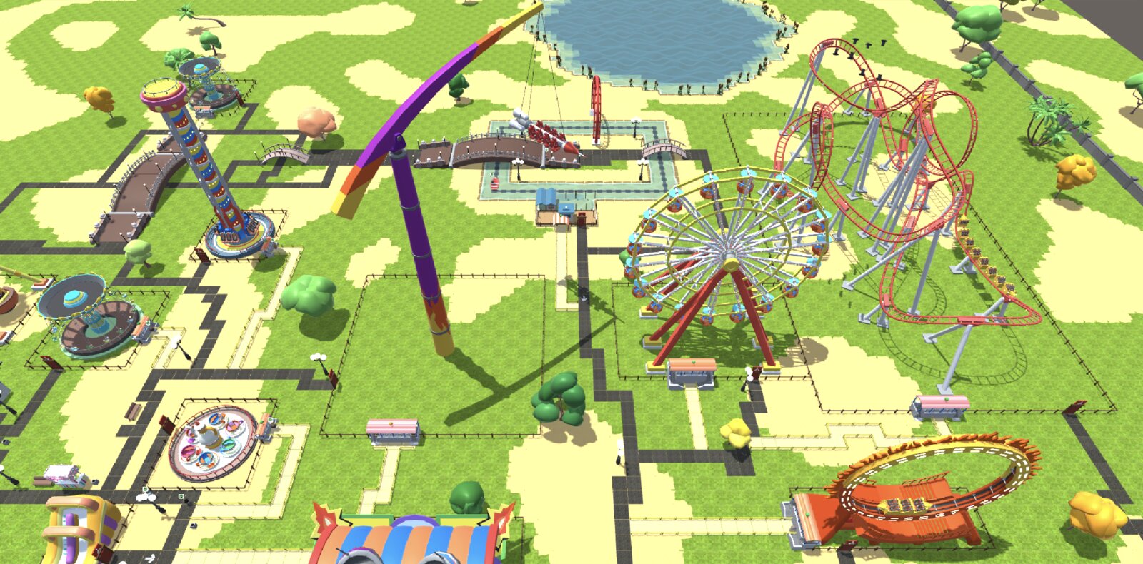 A colourful theme park seen from above, with a ferris wheel, looping roller coasters, a drop tower and a boat ride joined up by winding paths