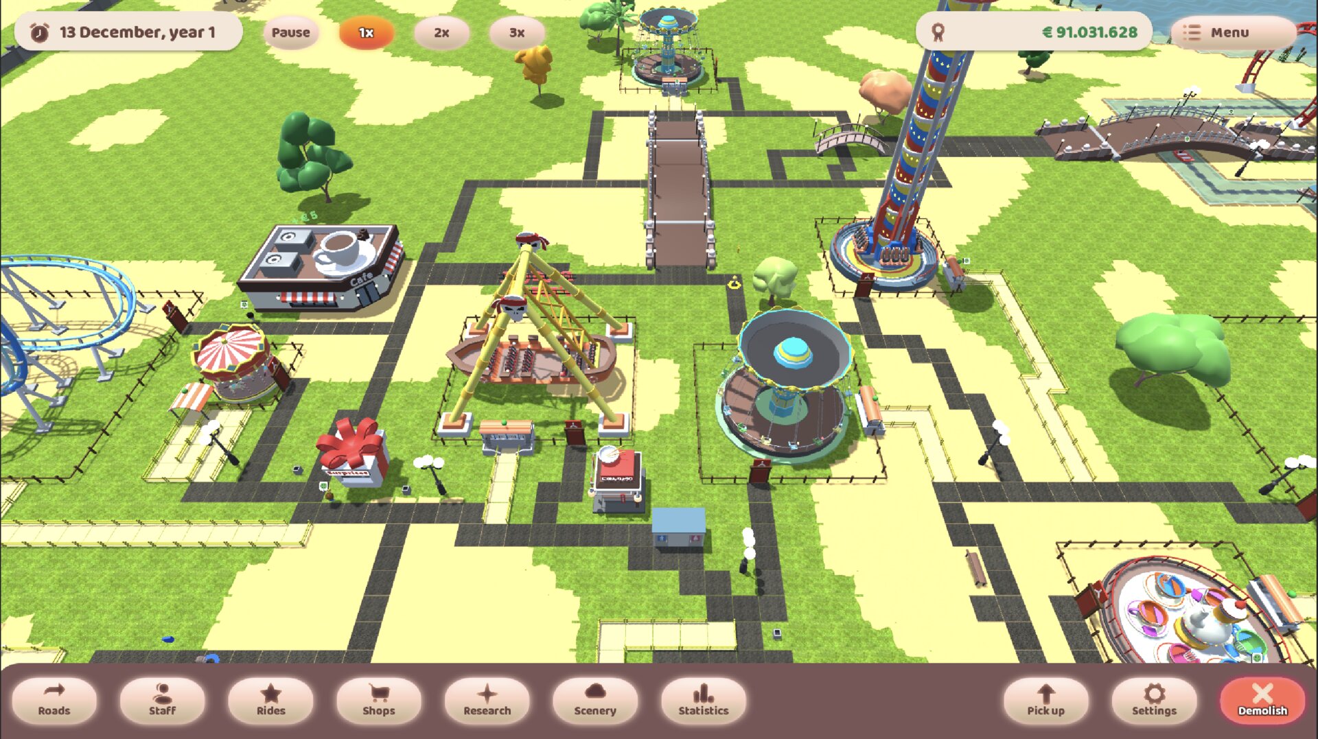A park seen from above, with a cafe, a carousel, a pirate ship, a drop tower and roller coasters joined up by paths and bridges