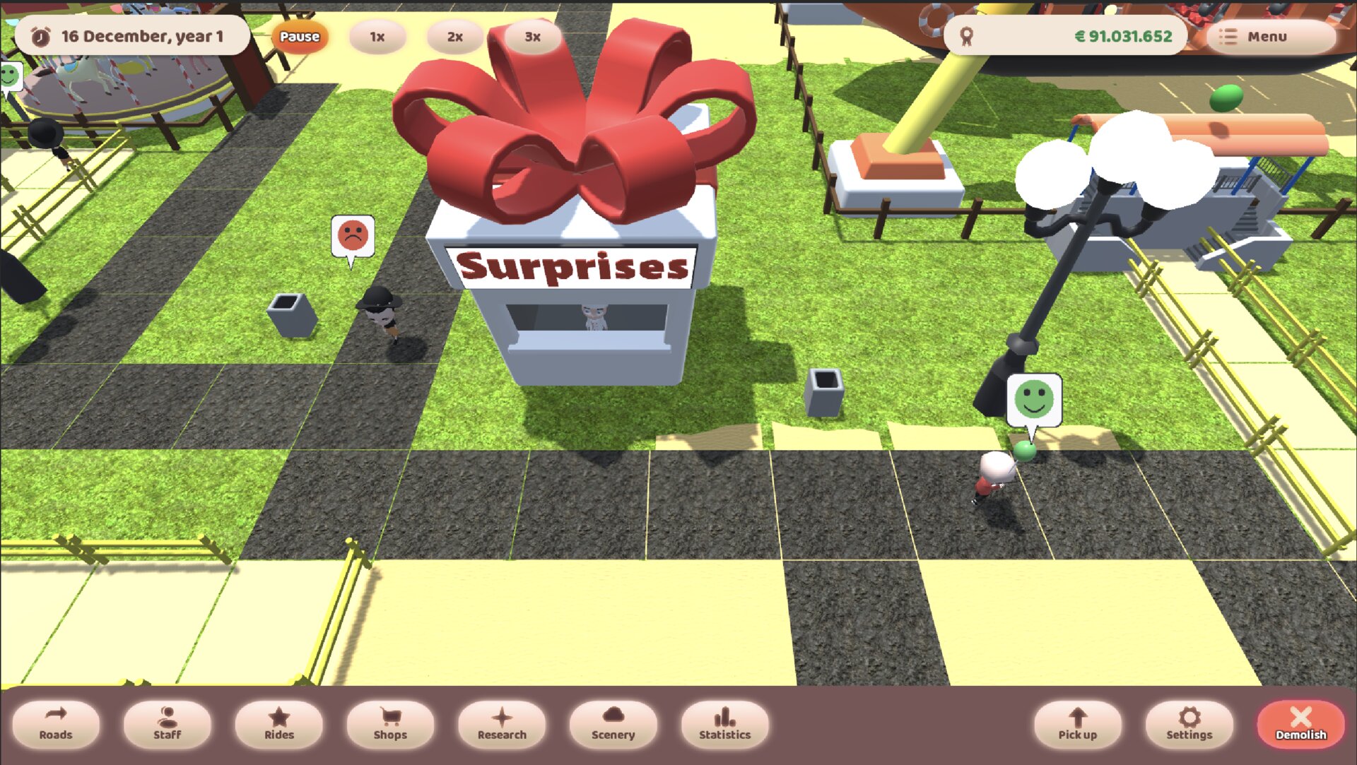 Guests walking past a gift shop, one with a happy face above their head and one with an unhappy one