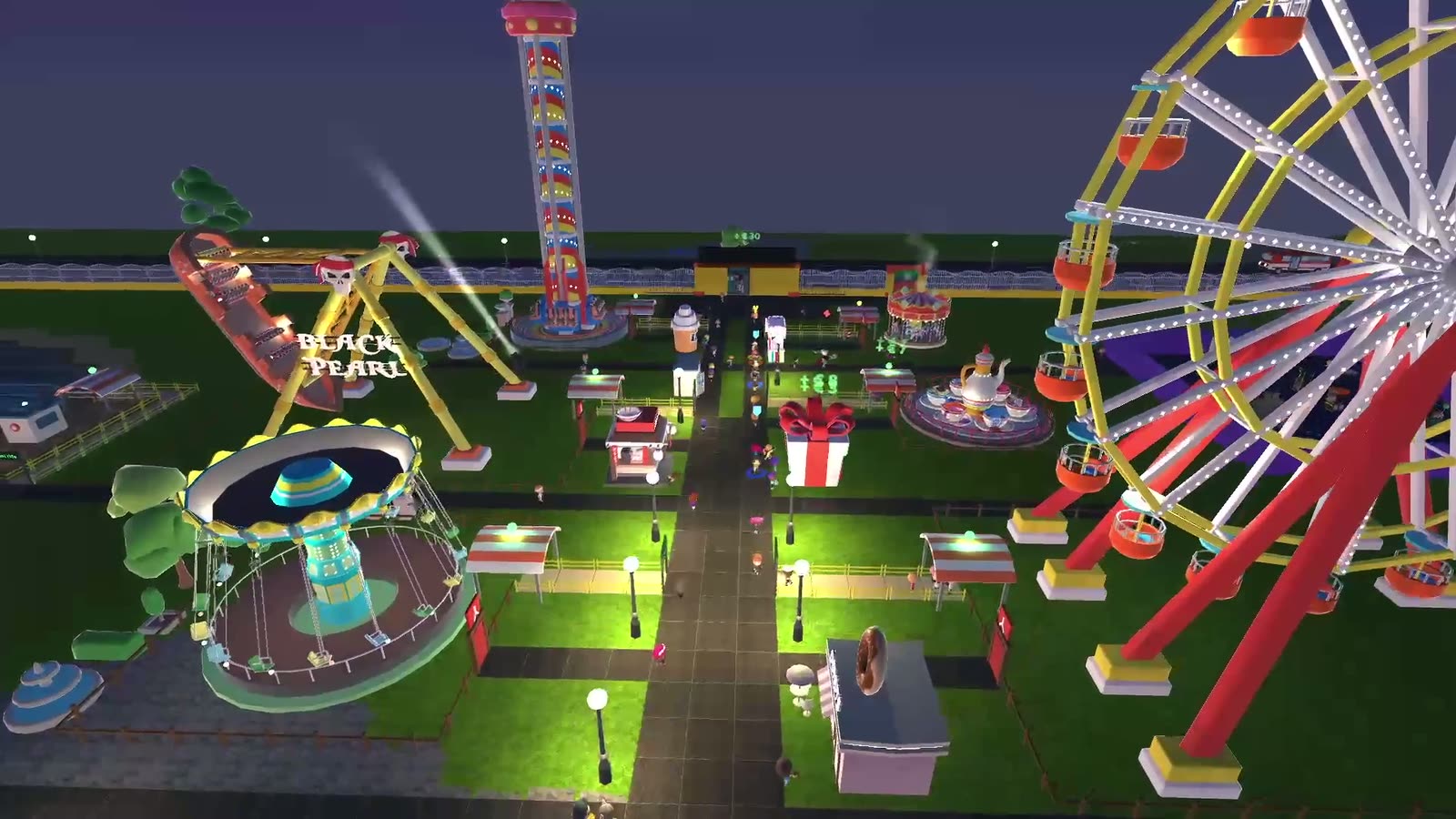The park at night - the ferris wheel and the swing ride lit up, the paths under lamplight