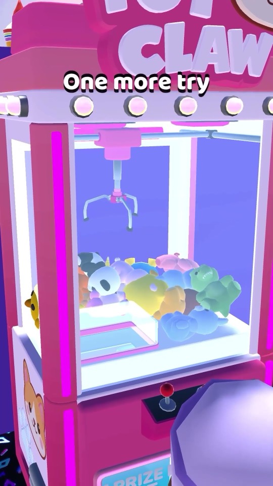 Play the short: a guest drops a toy at the claw machine, then wins a panda and hugs it